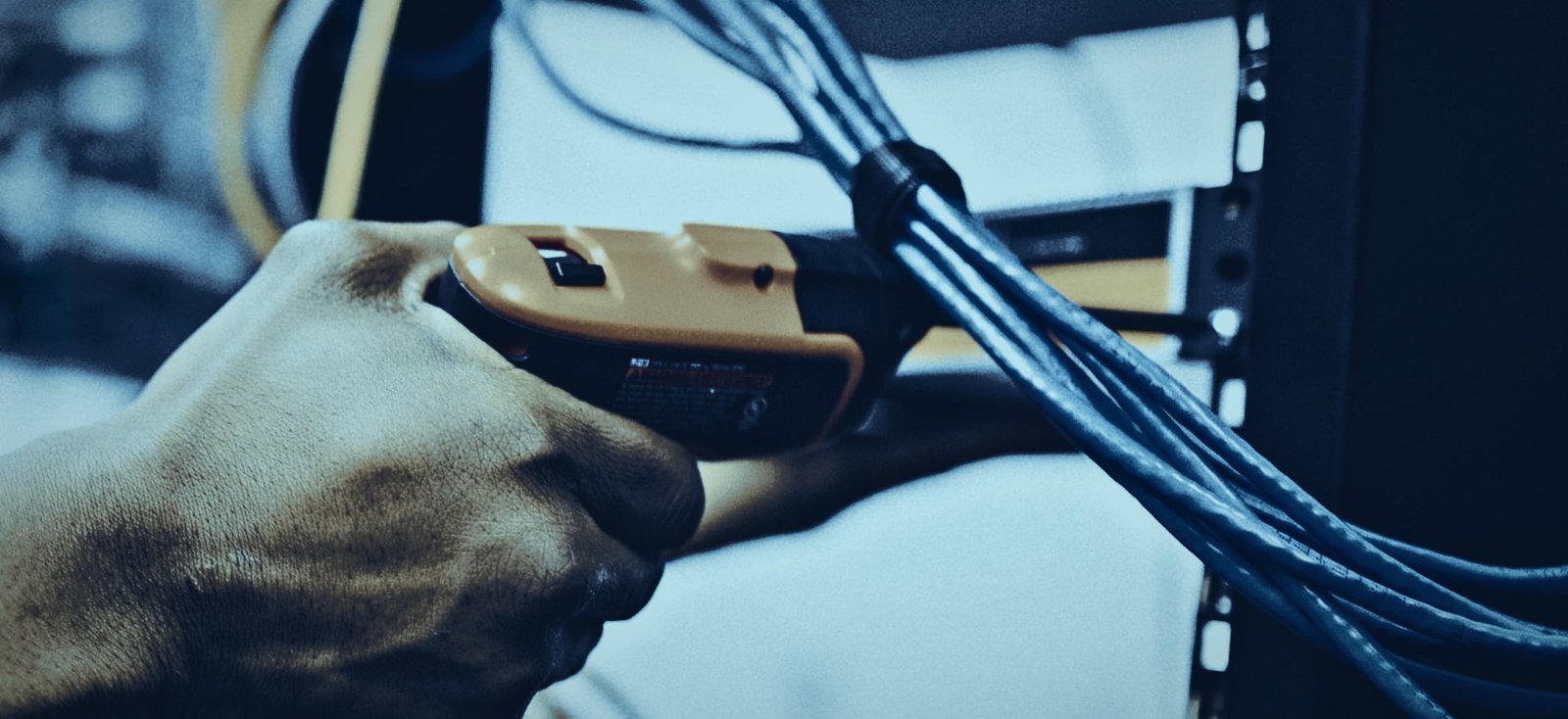 Técnico rematando con herramienta un haz de cables en un gabinete de red