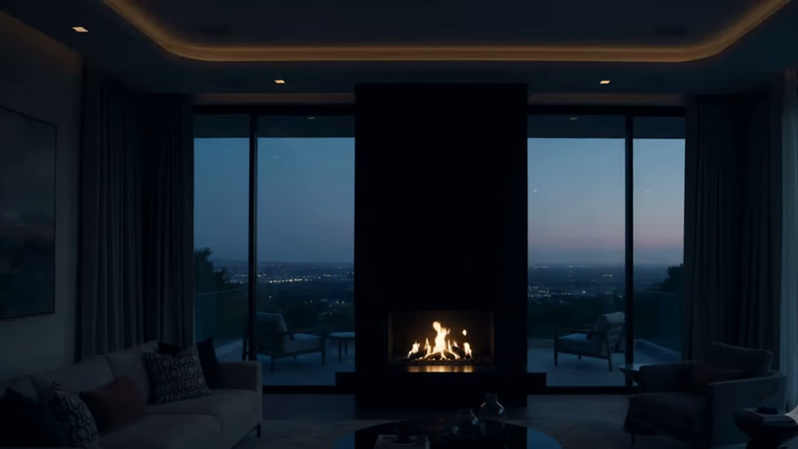 Sala de una residencia inteligente al anochecer: chimenea encendida, cortinas y luz perimetral de cornisa